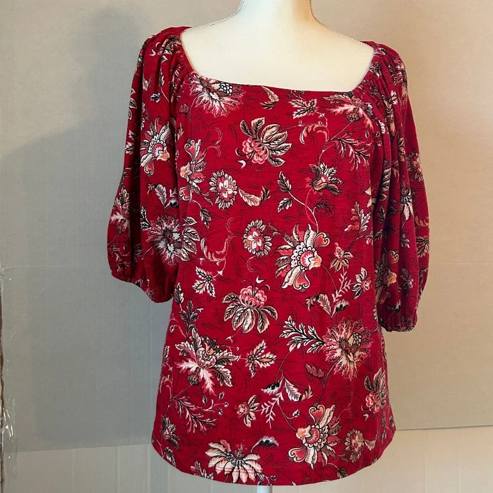 Maurices Charleston Red Paisley Floral Square Neck Balloon Sleeve Top. Size L - Picture 2 of 10